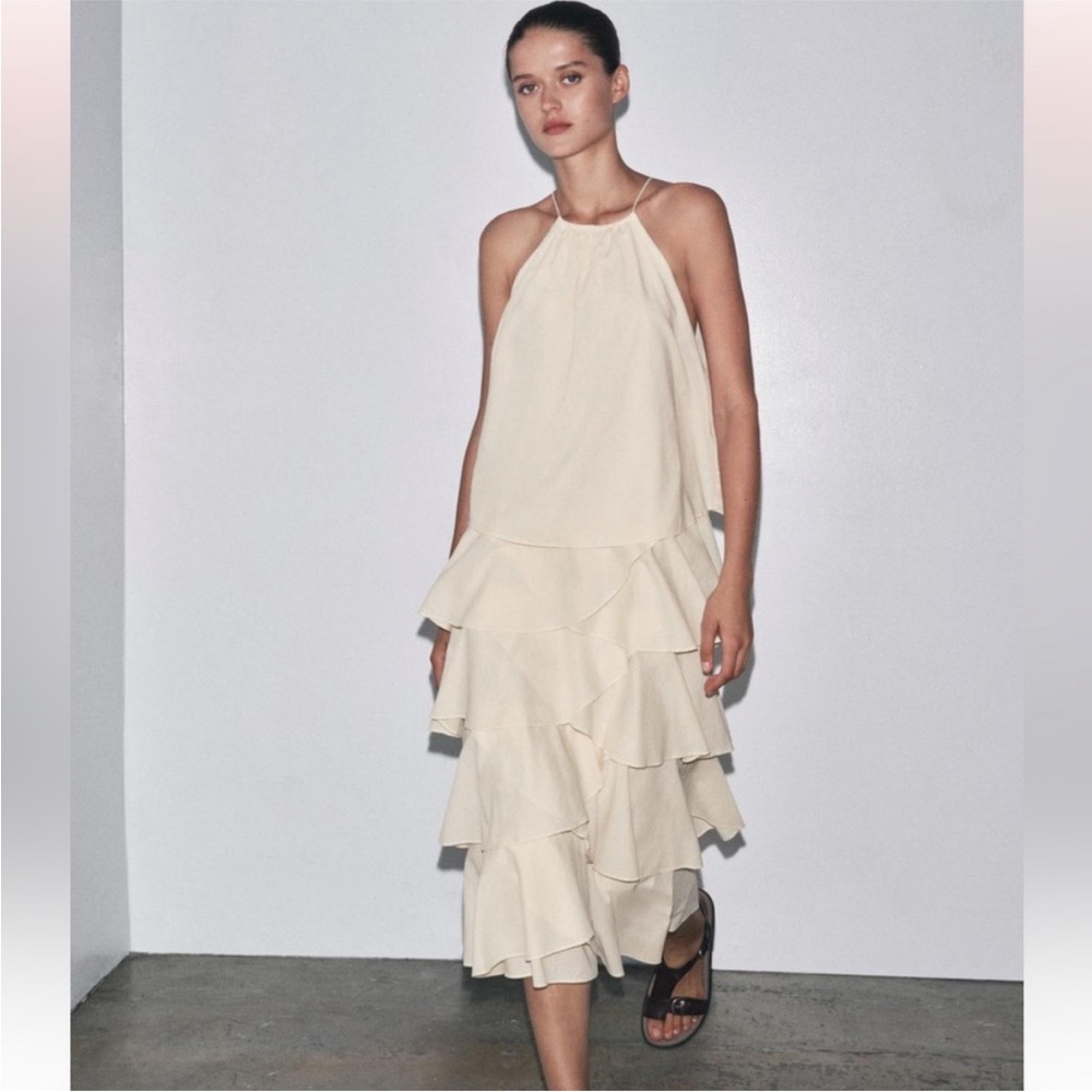 Zara Cream Halter Tiered Maxi Dress